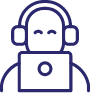 Symbol of a man with a headset in front of a laptop, smiling.